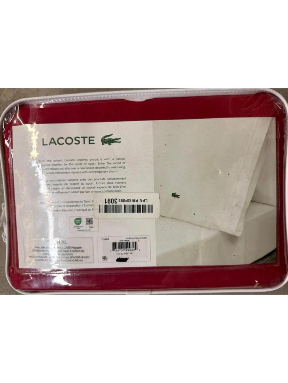Lacoste Twin XL Sheet Set Red 100% Cotton Percale Bedding Chili Pepper New